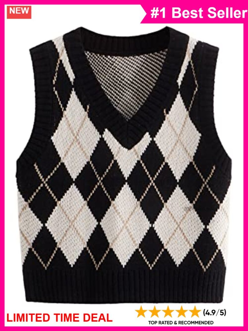 Sweater Vest Sleeveless V Neck Knit Crop Top Geo Plaid Acrylic